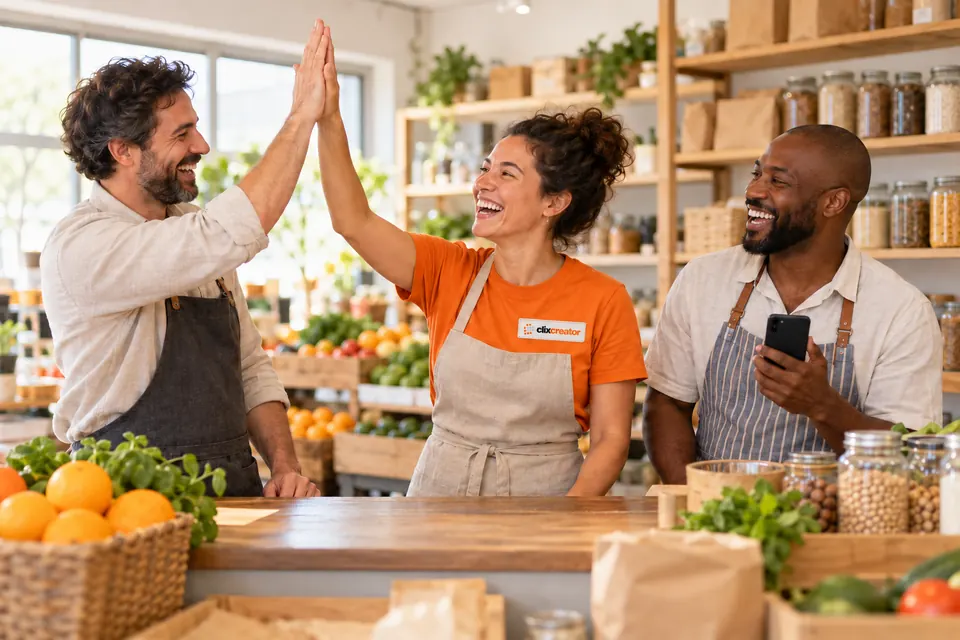 Three neighborhood shop owners giving each other a high five behind their counter, one in an orange Clix Creator t-shirt