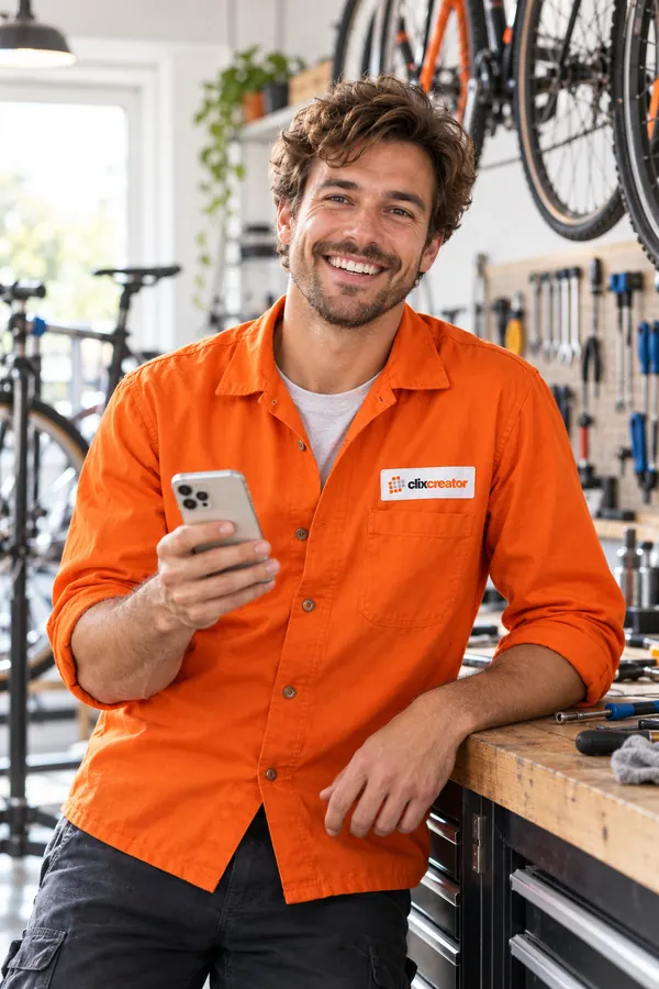 Bike repair shop owner in an orange Clix Creator work shirt smiling in his workshop