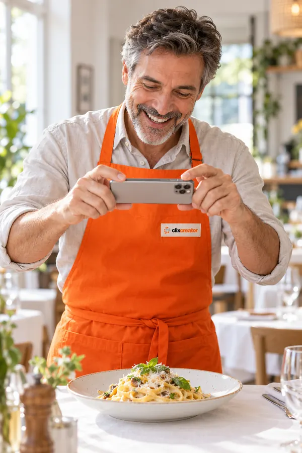 Restaurant owner in an orange Clix Creator apron photographing a plated pasta dish