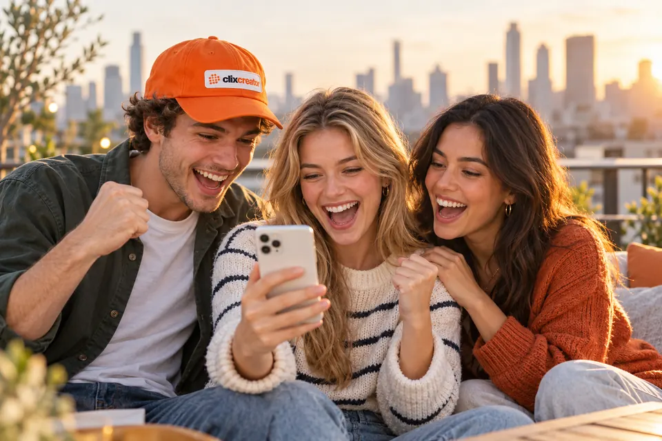 Three friends on a rooftop terrace at golden hour cheering at a phone, one in an orange Clix Creator cap