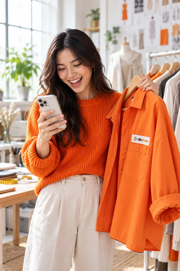 Fashion designer in an orange sweater holding up an orange Clix Creator jacket and her phone next to a clothing rack