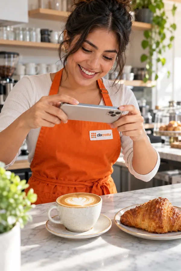 Cafe owner in an orange Clix Creator apron photographing a latte with heart latte art and a croissant