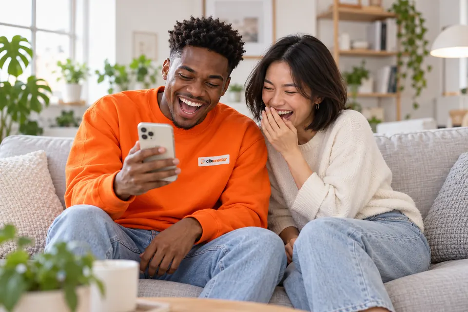 Two young creators on a light sofa laughing at a clip on one phone, one in an orange Clix Creator sweatshirt