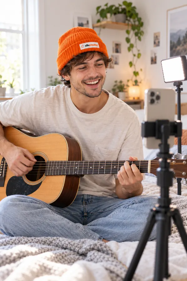 Musician in an orange Clix Creator beanie playing guitar on his bed while a phone on a tripod records