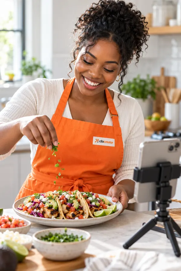 Food creator in an orange Clix Creator apron plating tacos in front of a phone on a tripod