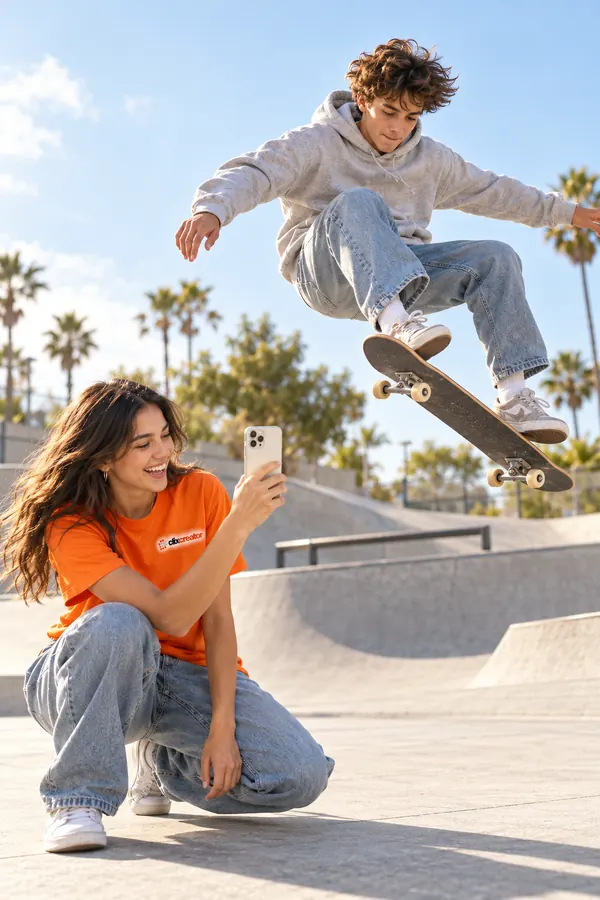 Skater mid-trick at a sunny skatepark while a friend in an orange Clix Creator t-shirt films with a phone