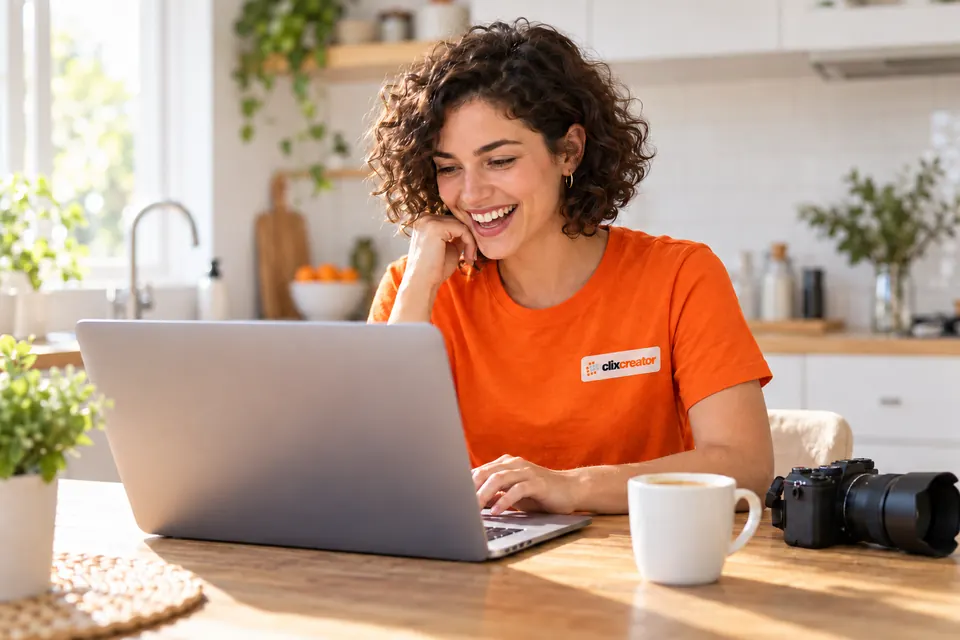 Creator in an orange Clix Creator shirt editing a video on her laptop at a sunny kitchen table, smiling