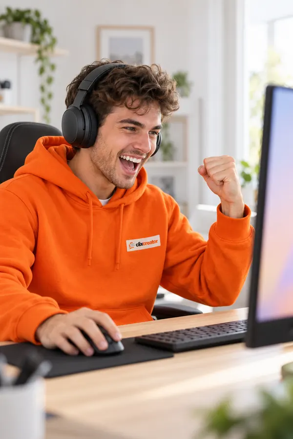 Gaming creator in an orange Clix Creator hoodie with a headset cheering at his desk
