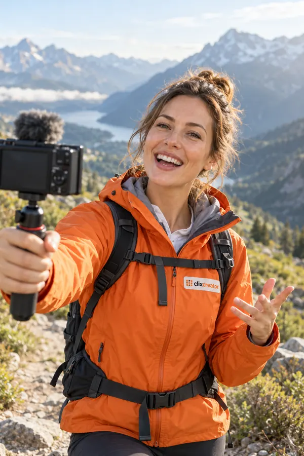 Travel vlogger in an orange Clix Creator rain jacket talking to her camera on a mountain trail